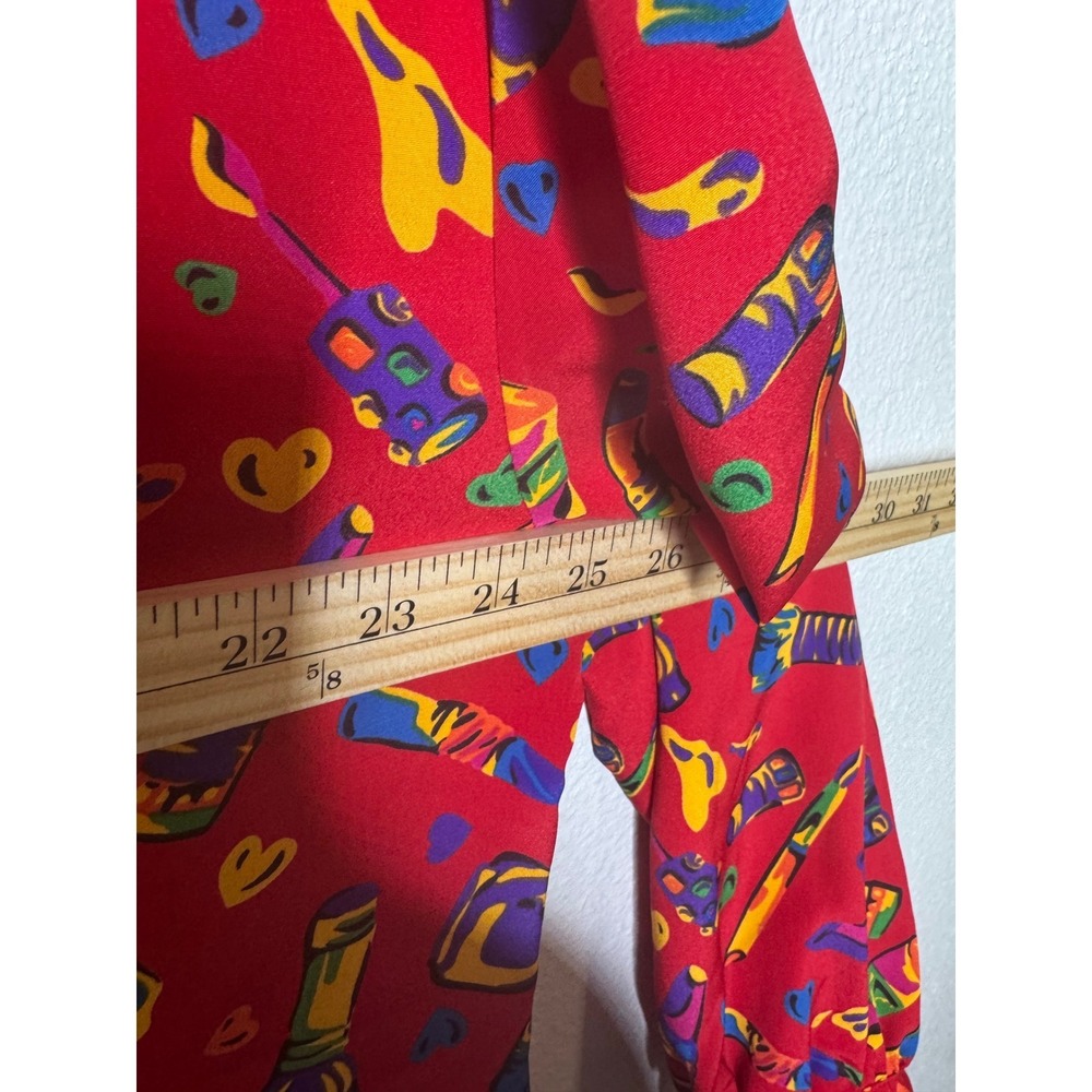 Chaus Vintage Red Makeup Print Button Down Blouse Womens 14 Long Sleeve Novelty - Picture 7 of 9